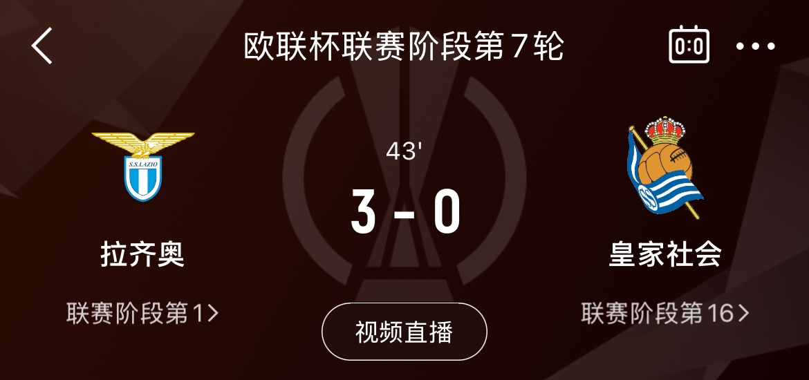 強！拉齊奧34分鐘3-0領(lǐng)先皇家社會，取勝即可提前晉級歐聯(lián)16強