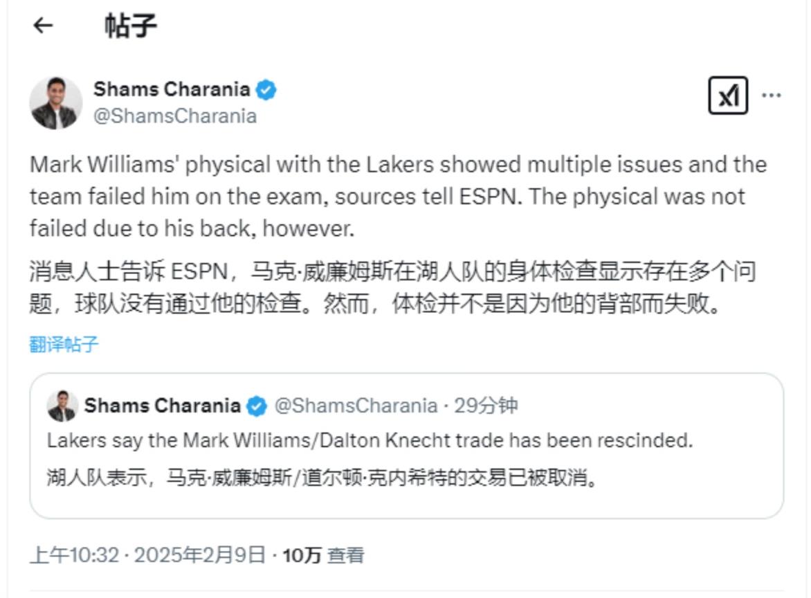 ??？Shams：馬威體檢顯示出他身體問題很多，湖人決定不通過體檢